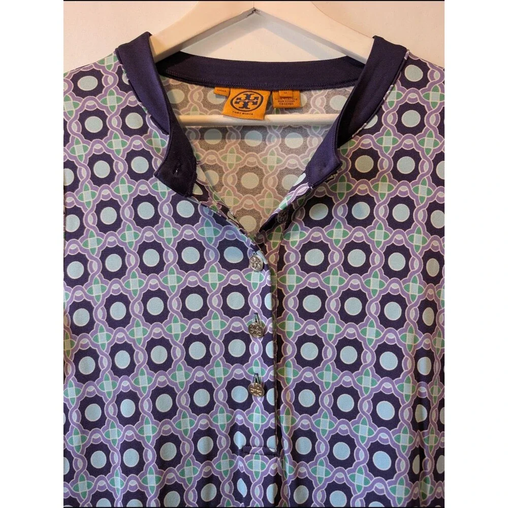 Tory Burch Silk Jersey Shift Dress Purple Teal Geometric Logo Button Mini Medium